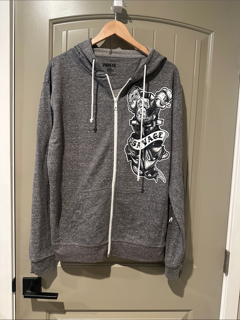 Gray Zip-Up Hoodie Sweater with Graphic